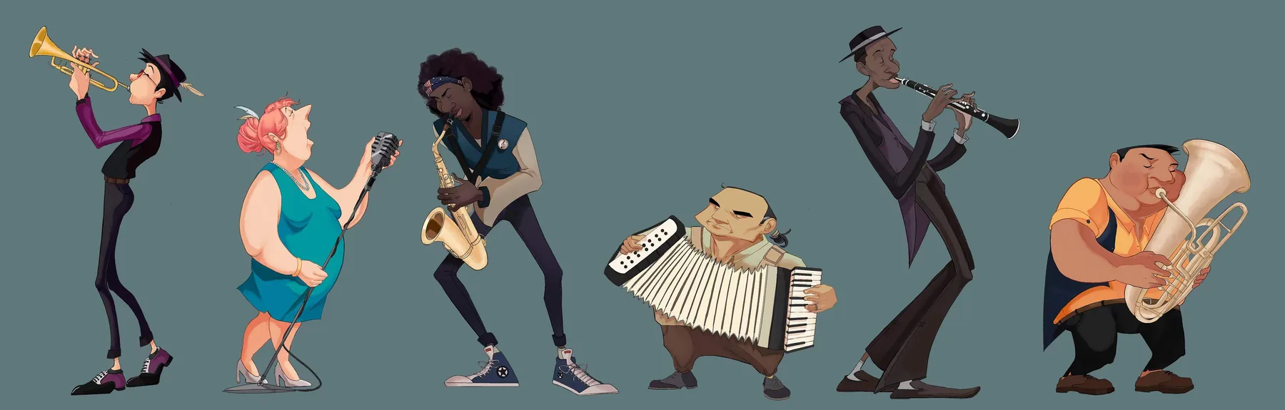 Character line-up — jazz band — NPC student work